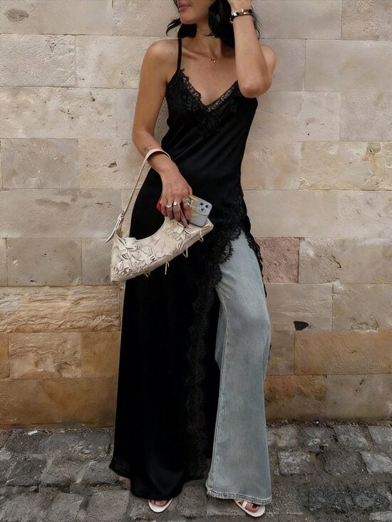 Dresses & Skirts - Black Elegant Women's Asymmetrical Hollow Satin Lace Party Dress
